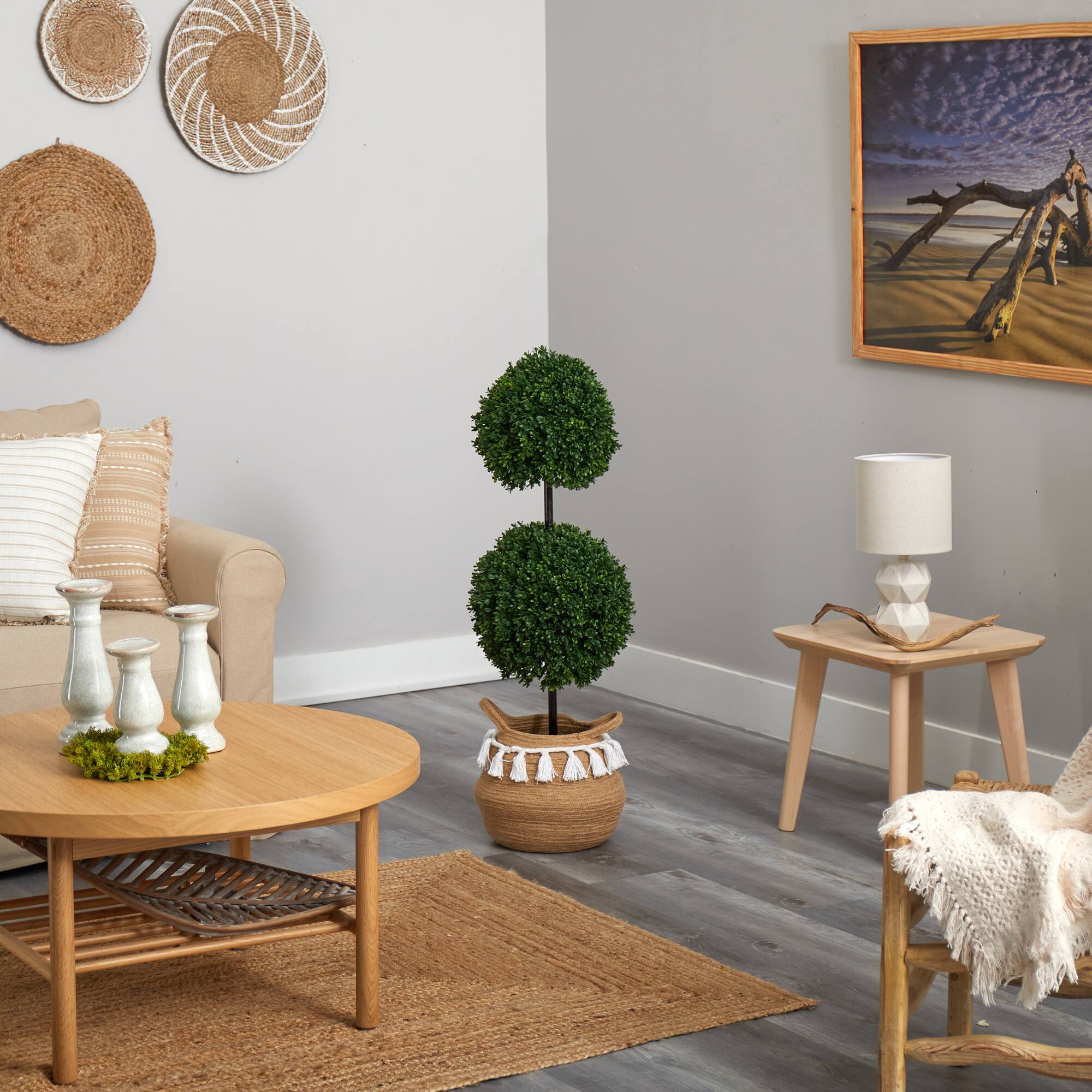 3.5ft. Boxwood Double Ball Artificial Topiary Tree in Boho Chic Handmade Natural Cotton Woven Planter with Tassels UV Resistant (Indoor/Outdoor)